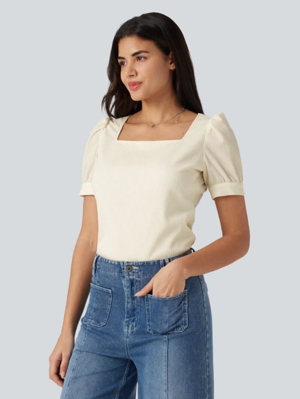 NWT HALARA Square Neck Puff Sleeve Textured Work Top sz S